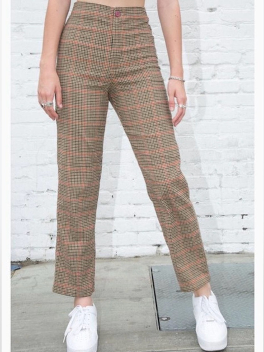 Brandy Melville/Jon Galt High-Rise Plaid Straight-Leg Pants - Brown/Red